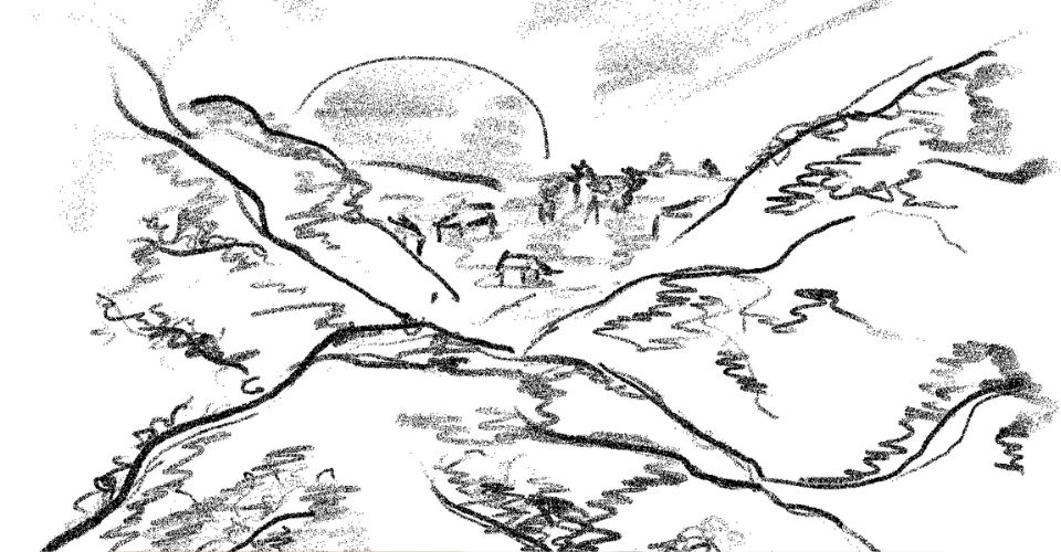 Zwart-witte tekening van een berglandschap bij zonsopkomst – symbolisch voor innerlijke rust, stilte en reflectie.