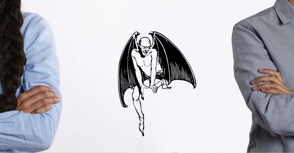 Illustratie van een demon tussen twee partners – visualisatie van hoe hechtingspijn en relatiepatronen de ware vijand zijn, niet de ander.
