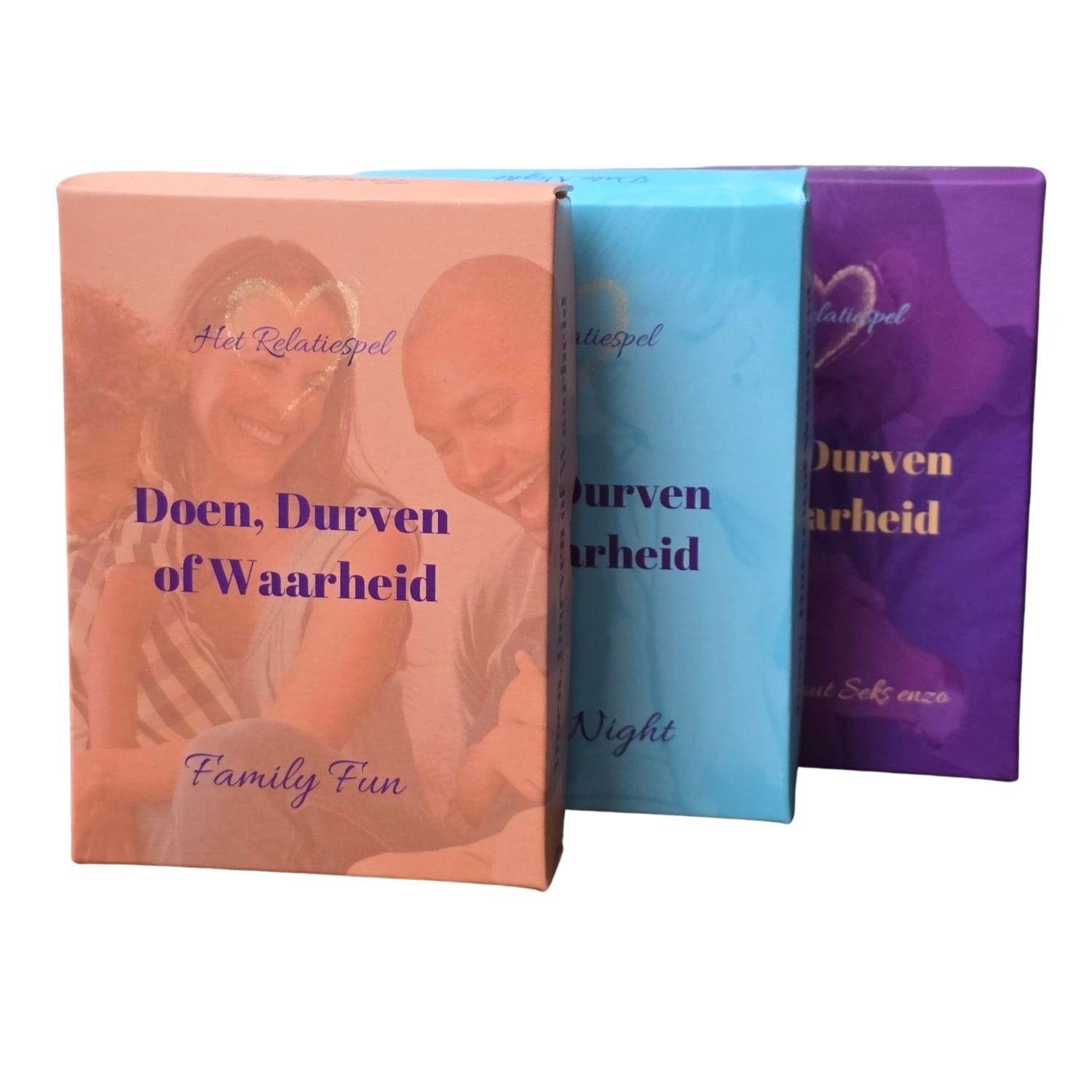 Foto van de 3 doosjes van de spellen Doen Durven of Waarheid