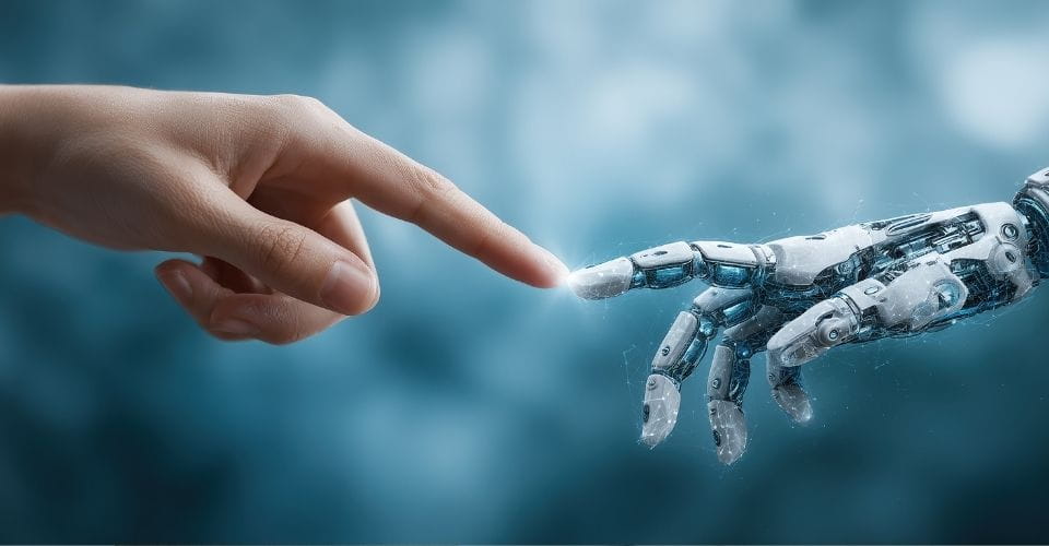 Menselijke hand raakt een robotische hand aan; een symbolisch beeld voor de verbinding tussen technologie en menselijke ondersteuning in therapie.