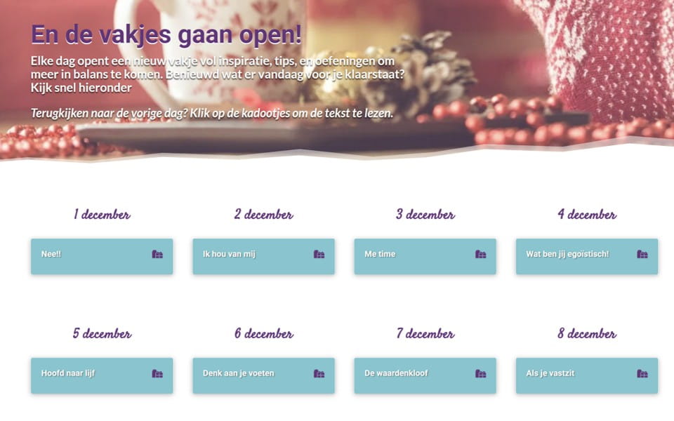 Beeld van hoe de adventskalender Je Leven in Balans er online uitziet
